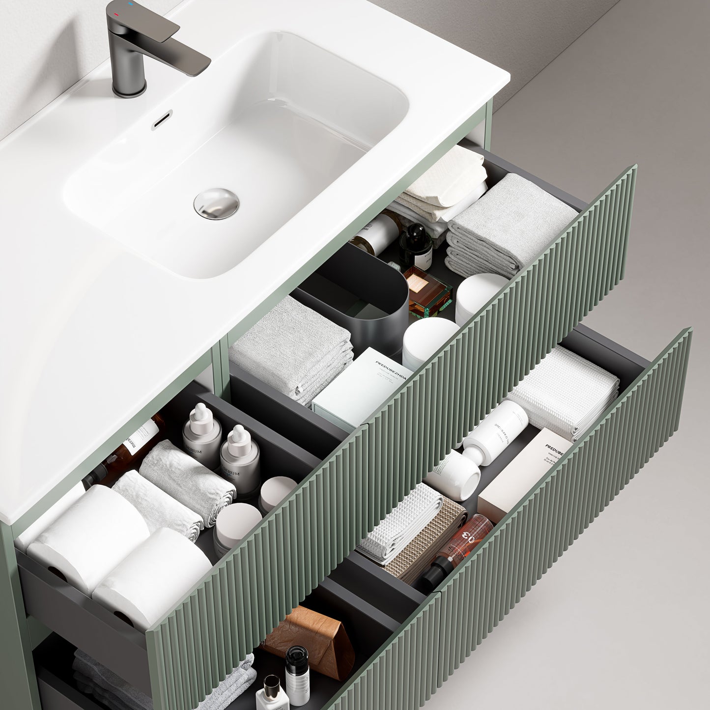 Mobile bagno sospeso cannettato 100 cm Verde Salvia Lavabo a Destra in Ceramica Specchio Quadro - Fiji Paint con accessori organizzati
