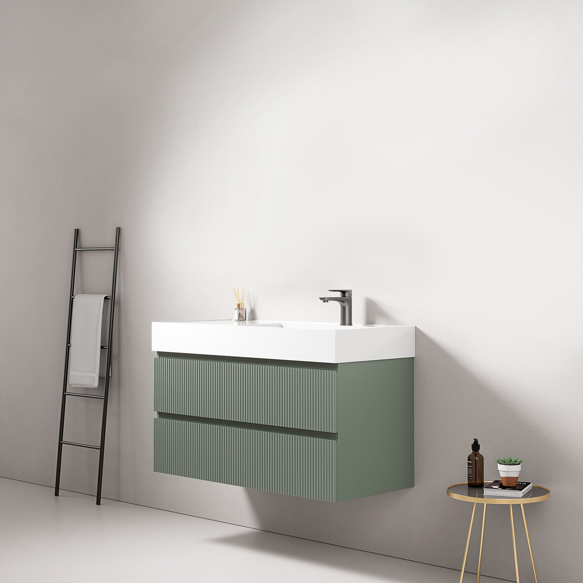 Mobile bagno sospeso cannettato 100 cm Verde Salvia Lavabo a Destra in Resina Senza Specchio - Fiji Paint