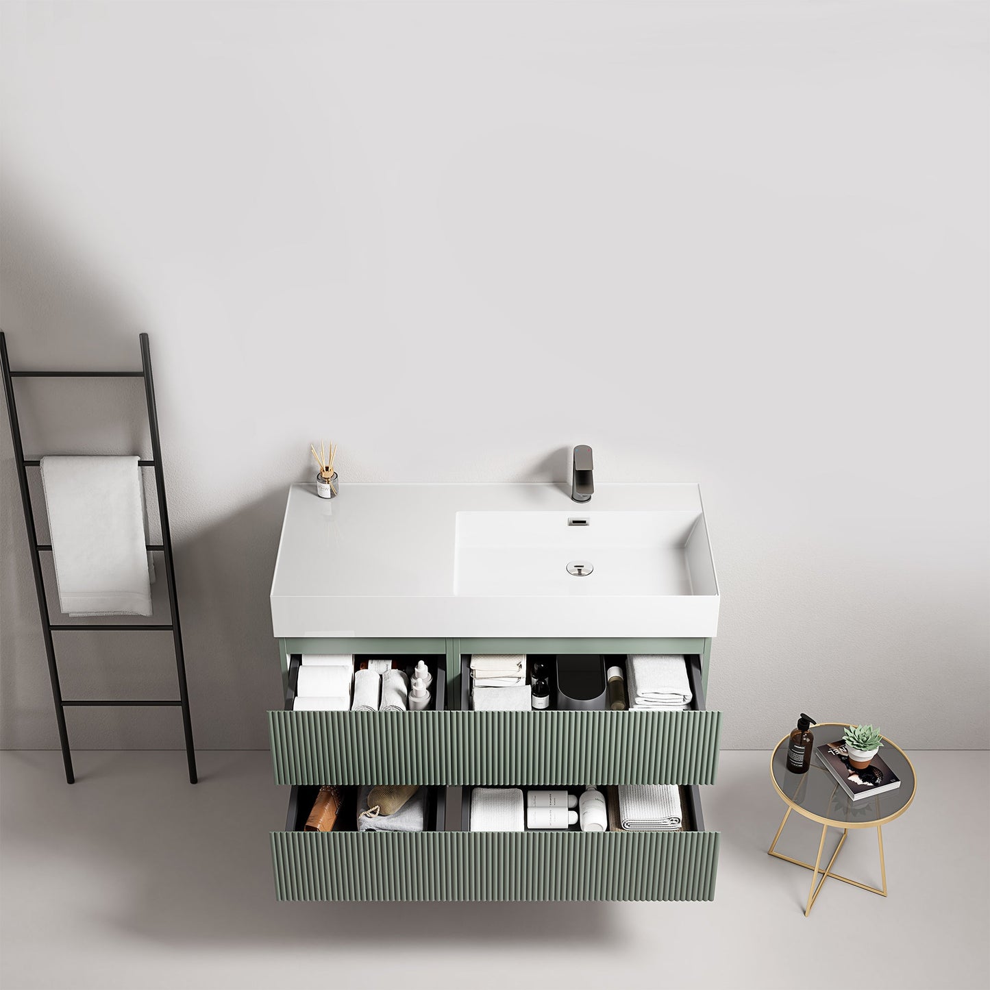 Mobile bagno sospeso cannettato 100 cm Verde Salvia Lavabo a Destra in Resina Senza Specchio - Fiji Paint
