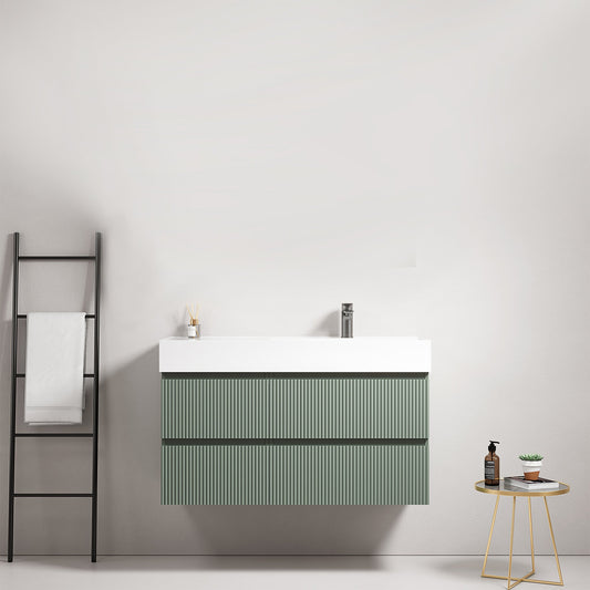 Mobile bagno sospeso cannettato 100 cm Verde Salvia Lavabo a Destra in Resina Senza Specchio - Fiji Paint