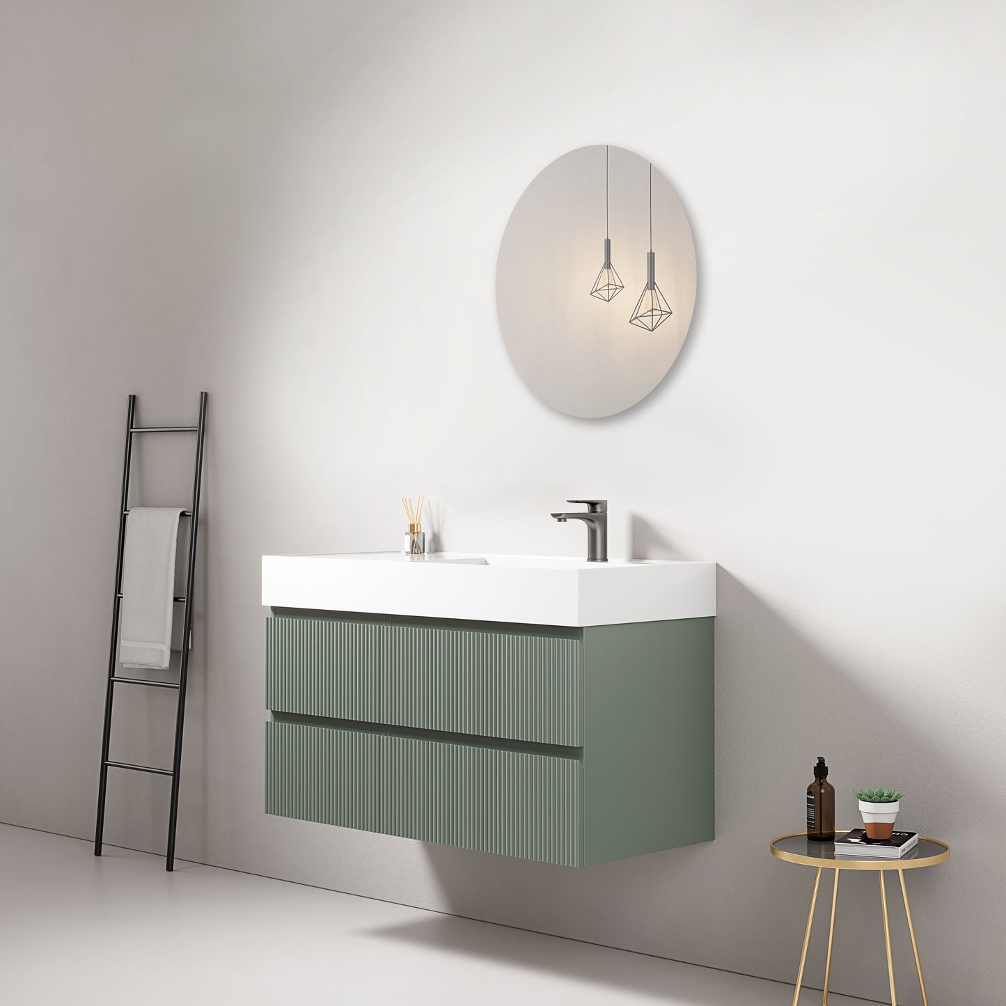 Mobile bagno sospeso cannettato 100 cm Verde Salvia Lavabo a Destra in Resina Specchio Tondo - Fiji Paint