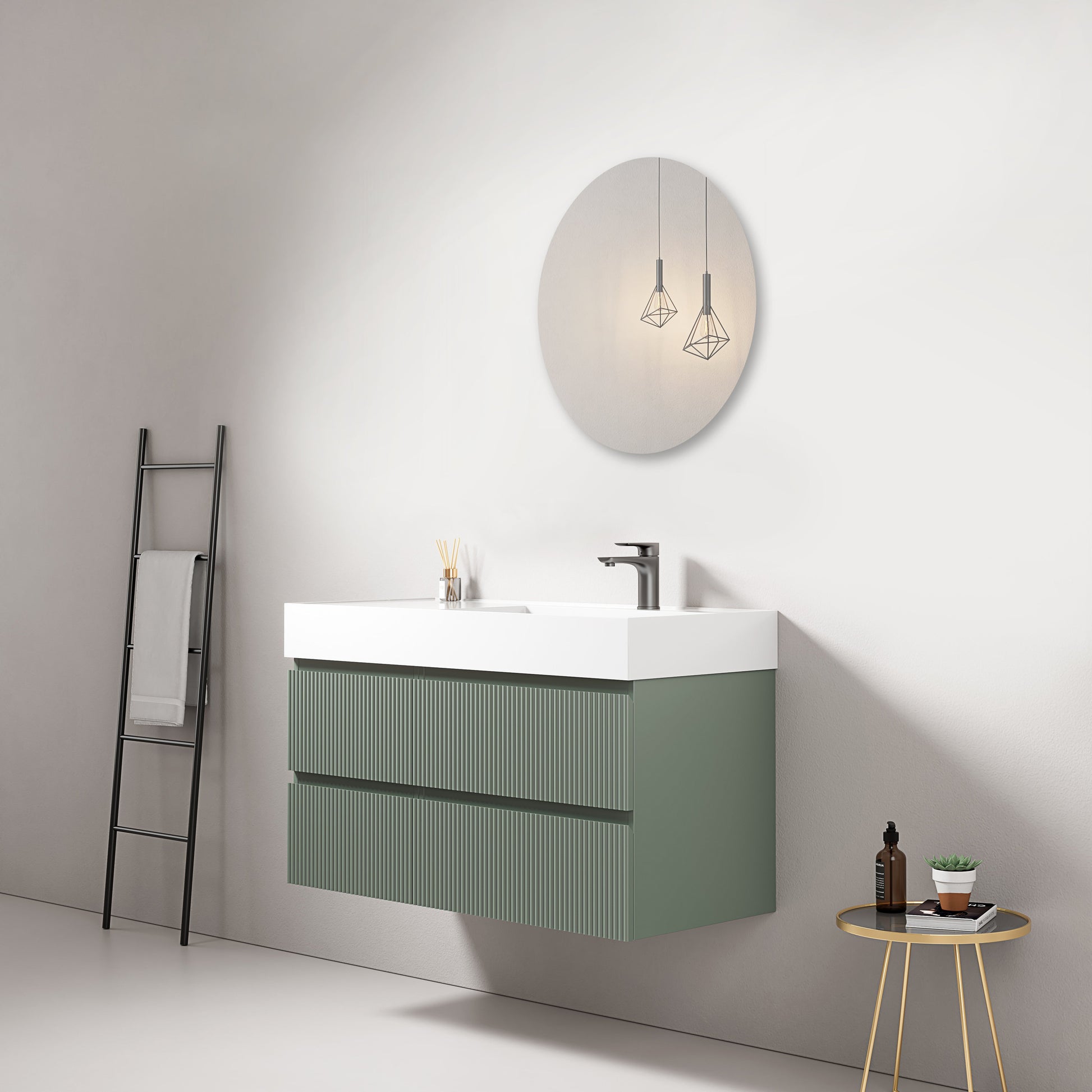 Mobile bagno sospeso cannettato 100 cm Verde Salvia Lavabo a Destra in Resina Specchio Tondo - Fiji Paint