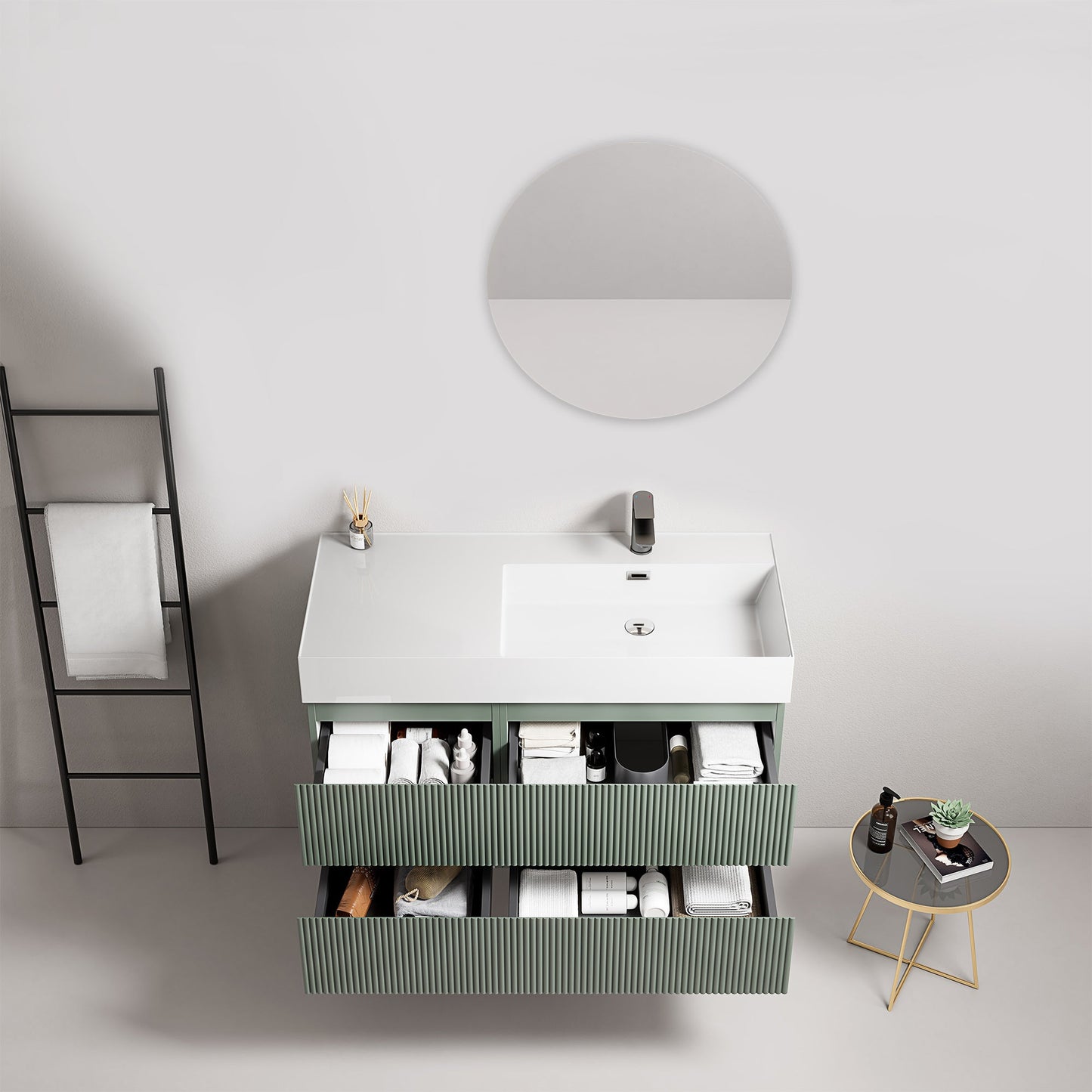 Mobile bagno sospeso cannettato 100 cm Verde Salvia Lavabo a Destra in Resina Specchio Tondo - Fiji Paint