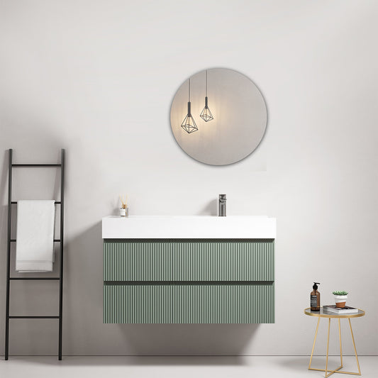 Mobile bagno sospeso cannettato 100 cm Verde Salvia Lavabo a Destra in Resina Specchio Tondo - Fiji Paint