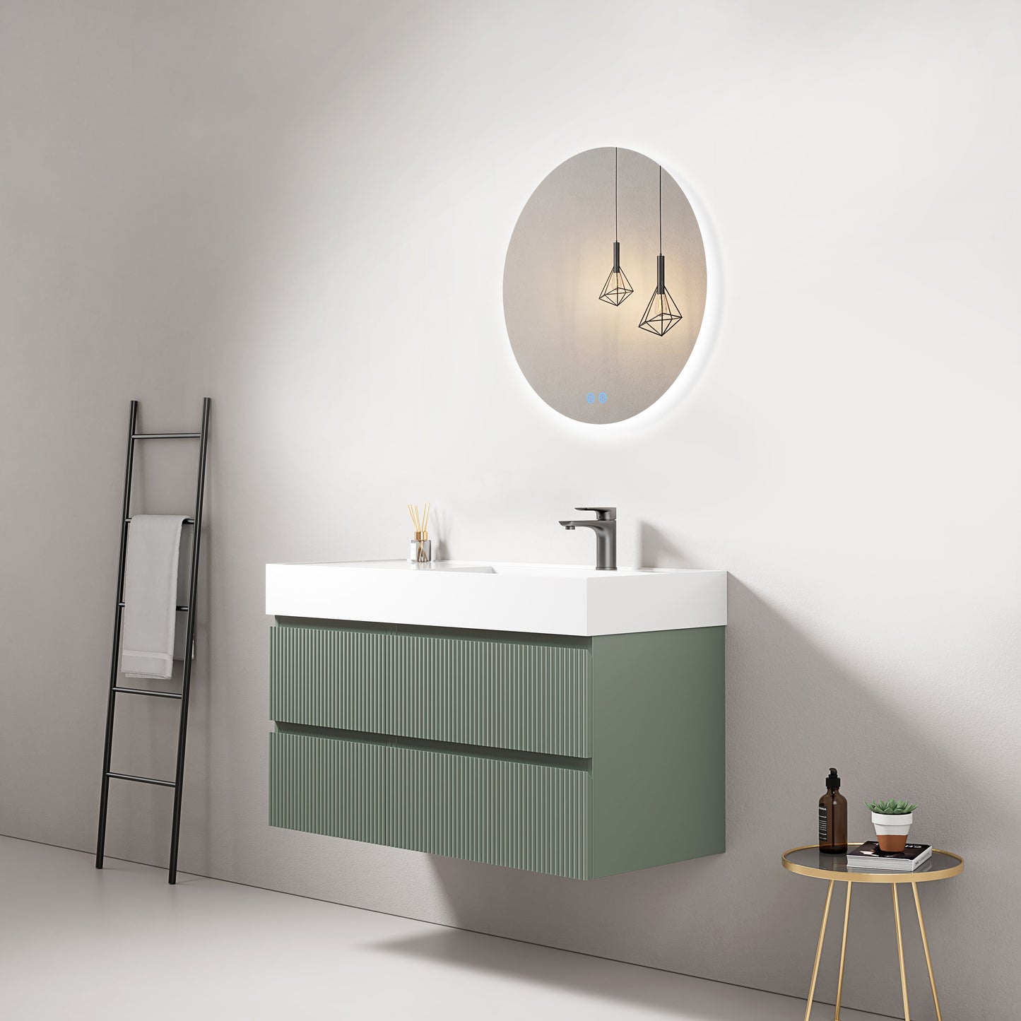 Mobile bagno sospeso cannettato 100 cm Verde Salvia Lavabo a Destra in Resina Specchio Tondo Retroilluminato - Fiji Paint