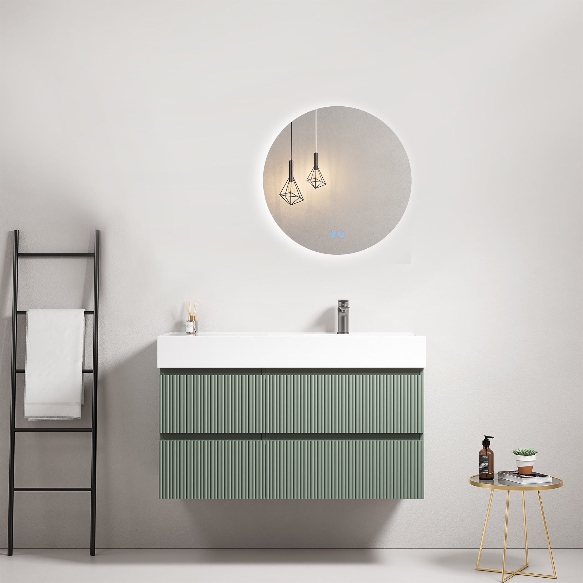 Mobile bagno sospeso cannettato 100 cm Verde Salvia Lavabo a Destra in Resina Specchio Tondo Retroilluminato - Fiji Paint