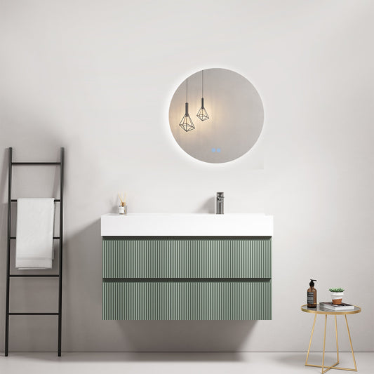 Mobile bagno sospeso cannettato 100 cm Verde Salvia Lavabo a Destra in Resina Specchio Tondo Retroilluminato - Fiji Paint