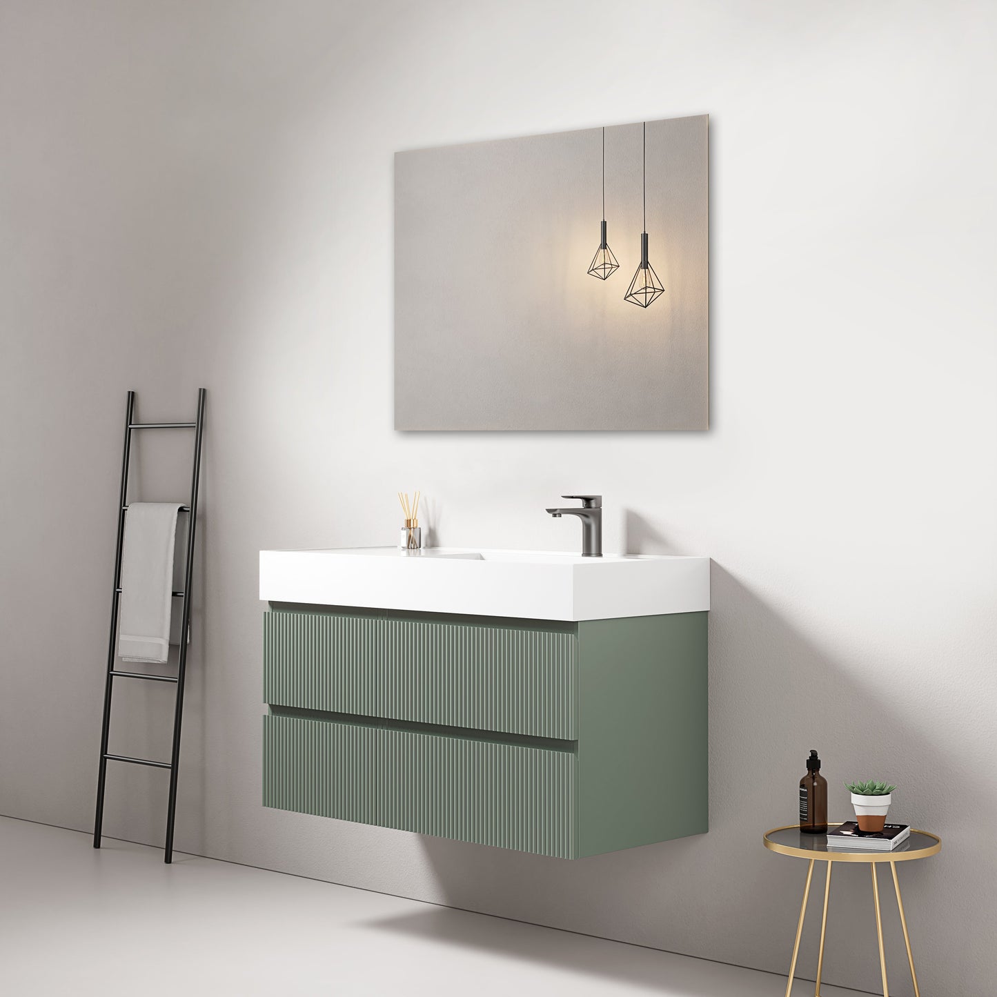 Mobile bagno sospeso cannettato 100 cm Verde Salvia Lavabo a Destra in Resina Specchio Quadro - Fiji Paint