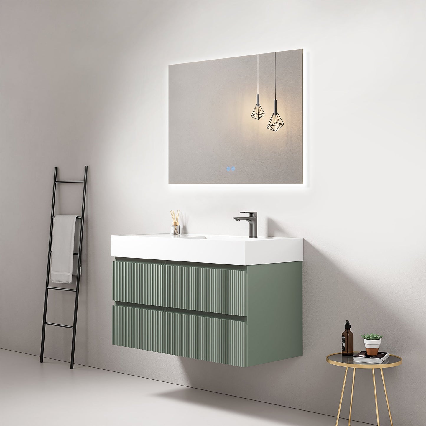 Mobile bagno sospeso cannettato 100 cm Verde Salvia Lavabo a Destra in Resina Specchio Quadro Retroilluminato - Fiji Paint