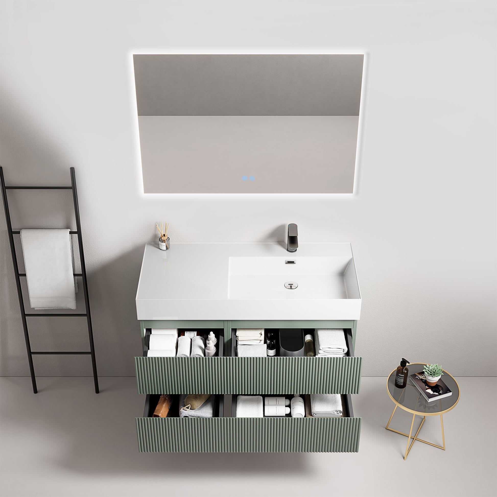 Mobile bagno sospeso cannettato 100 cm Verde Salvia Lavabo a Destra in Resina Specchio Quadro Retroilluminato - Fiji Paint