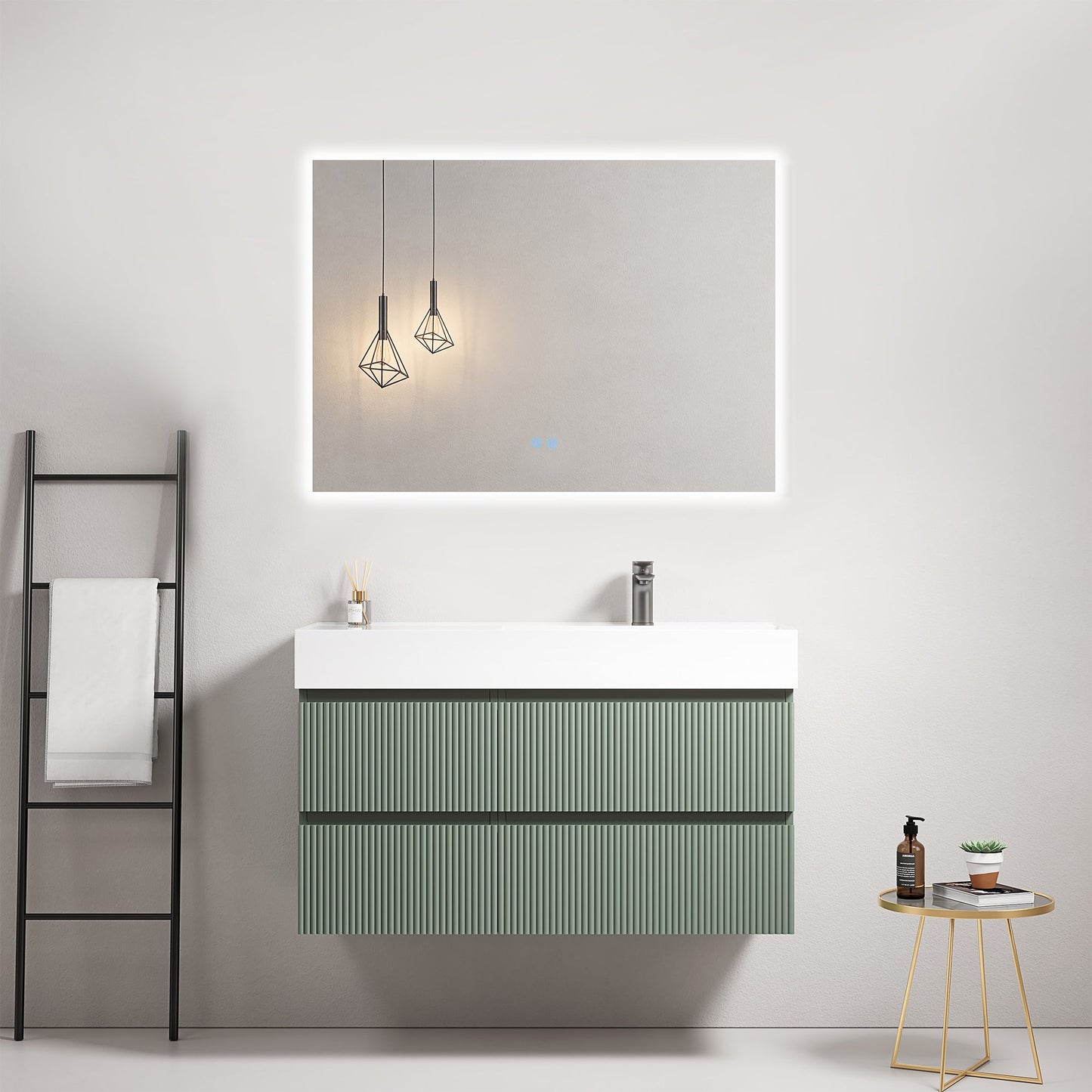 Mobile bagno sospeso cannettato 100 cm Verde Salvia Lavabo a Destra in Resina Specchio Quadro Retroilluminato - Fiji Paint.