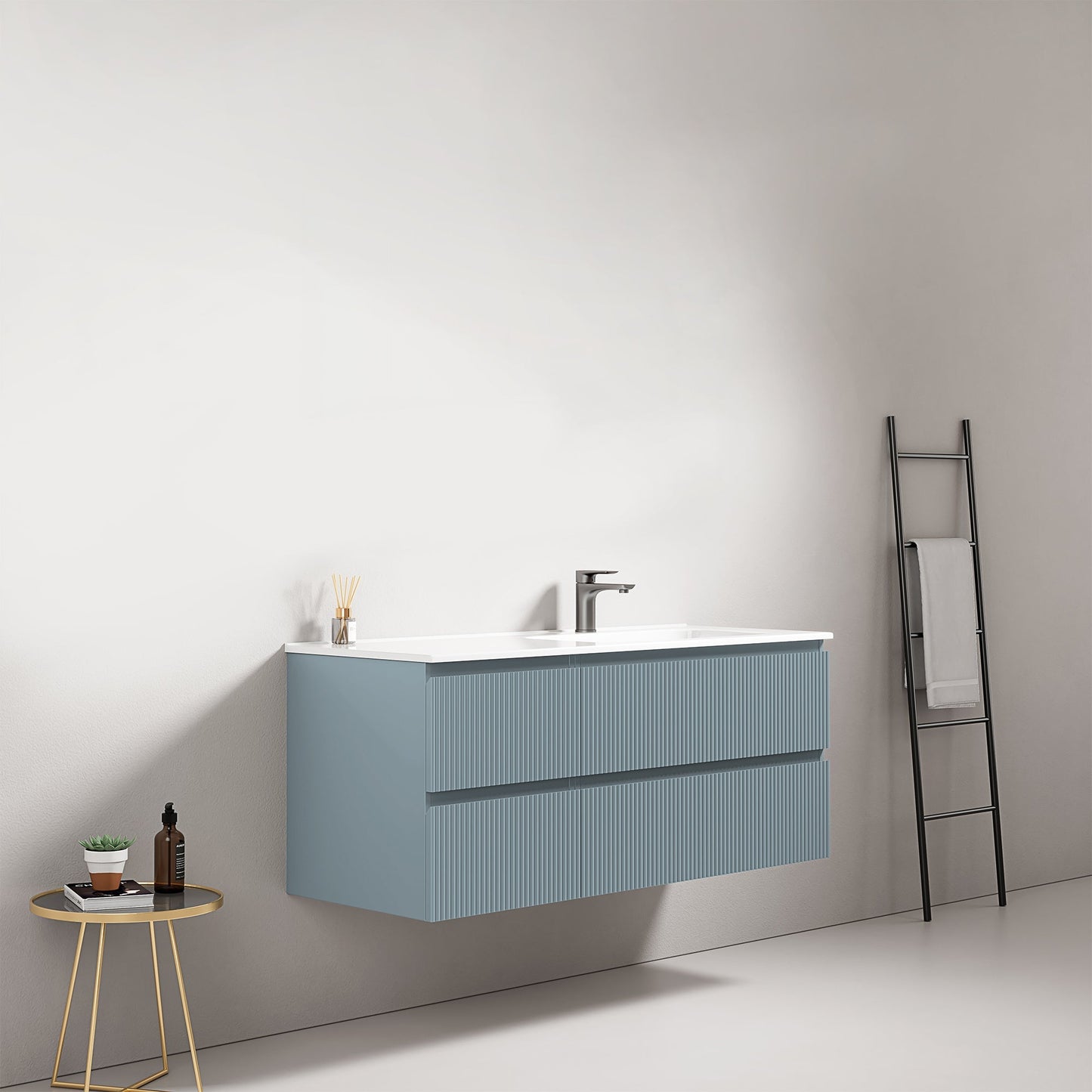 Mobile bagno sospeso cannettato 120 cm Blu Avio Lavabo a Destra in Ceramica Senza Specchio - Fiji Paint