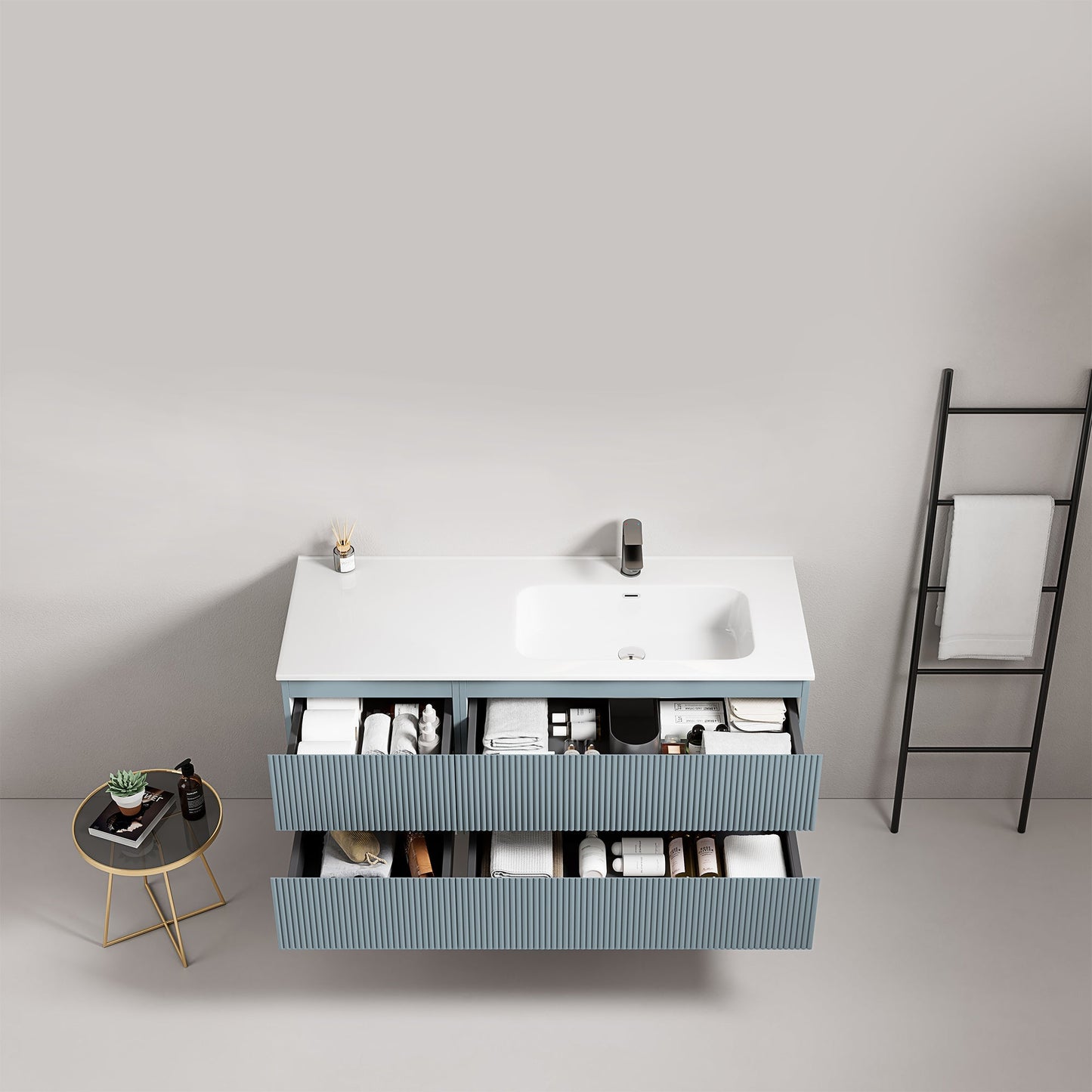 Mobile bagno sospeso cannettato 120 cm Blu Avio Lavabo a Destra in Ceramica Senza Specchio - Fiji Paint