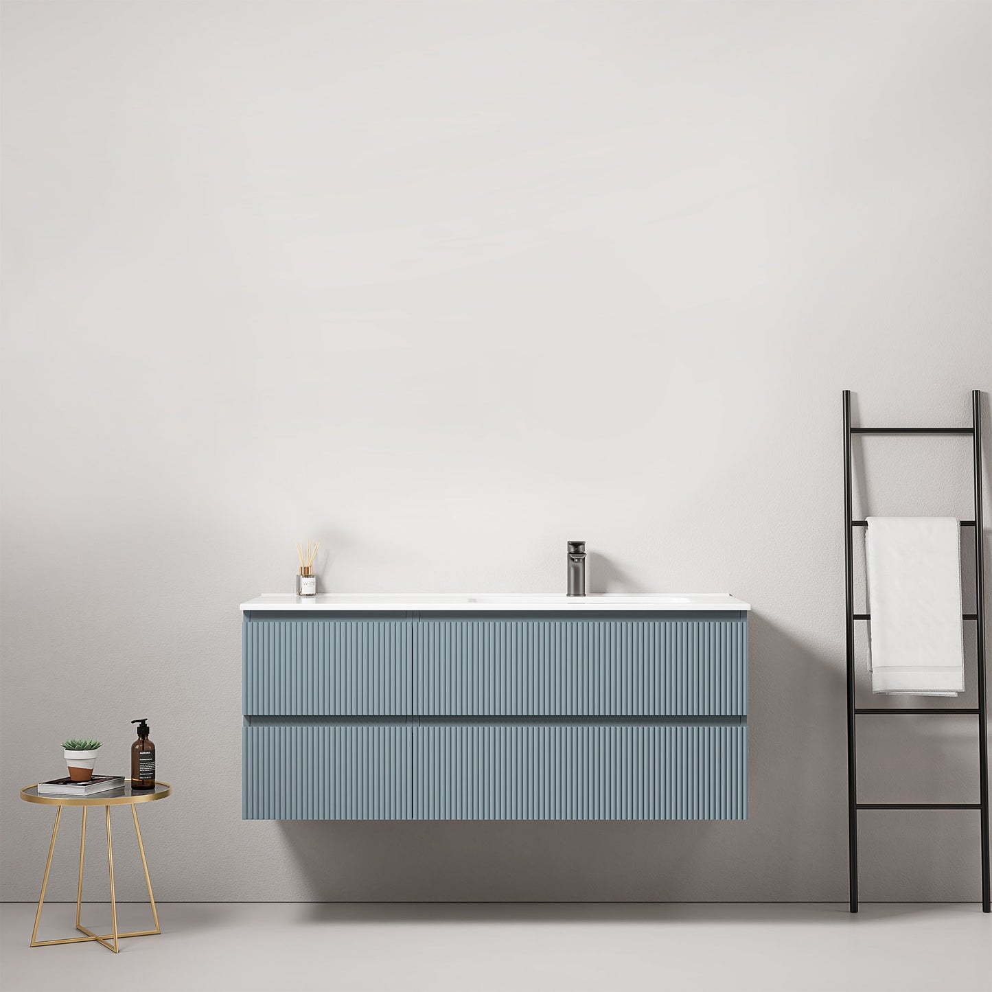 Mobile bagno sospeso cannettato 120 cm Blu Avio Lavabo a Destra in Ceramica Senza Specchio - Fiji Paint