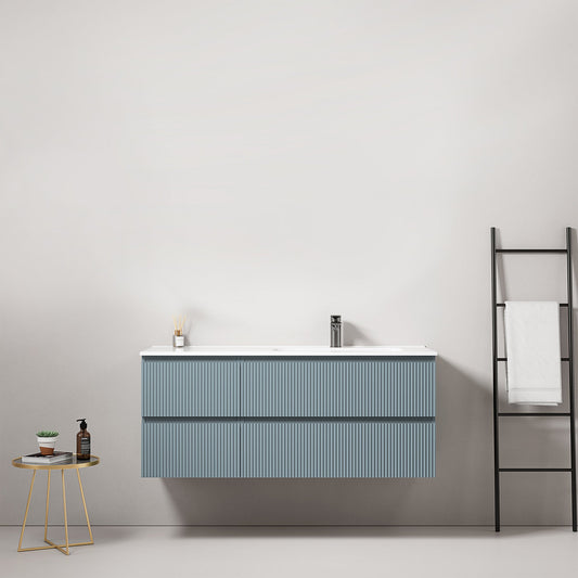 Mobile bagno sospeso cannettato 120 cm Blu Avio Lavabo a Destra in Ceramica Senza Specchio - Fiji Paint
