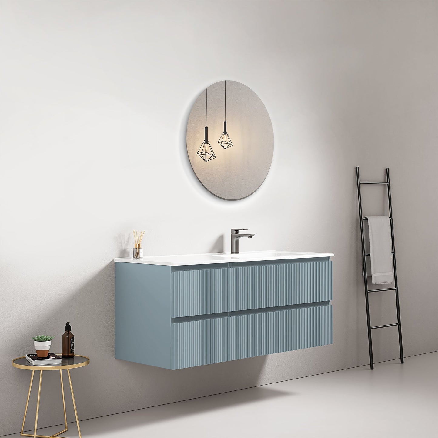 Mobile bagno sospeso cannettato 120 cm Blu Avio Lavabo a Destra in Ceramica Specchio Tondo - Fiji Paint
