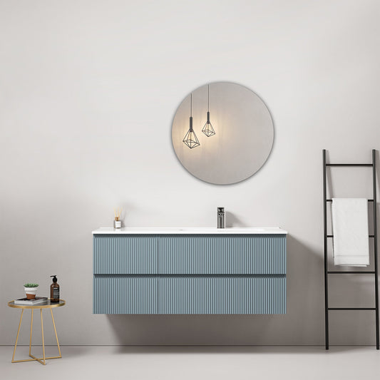 Mobile bagno sospeso cannettato 120 cm Blu Avio Lavabo a Destra in Ceramica Specchio Tondo - Fiji Paint