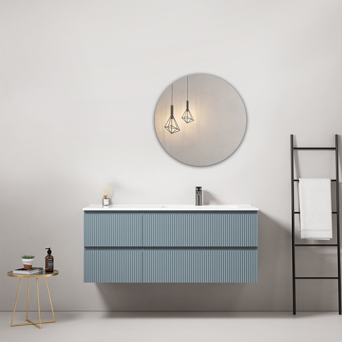 Mobile bagno sospeso cannettato 120 cm Blu Avio Lavabo a Destra in Ceramica Specchio Tondo - Fiji Paint.