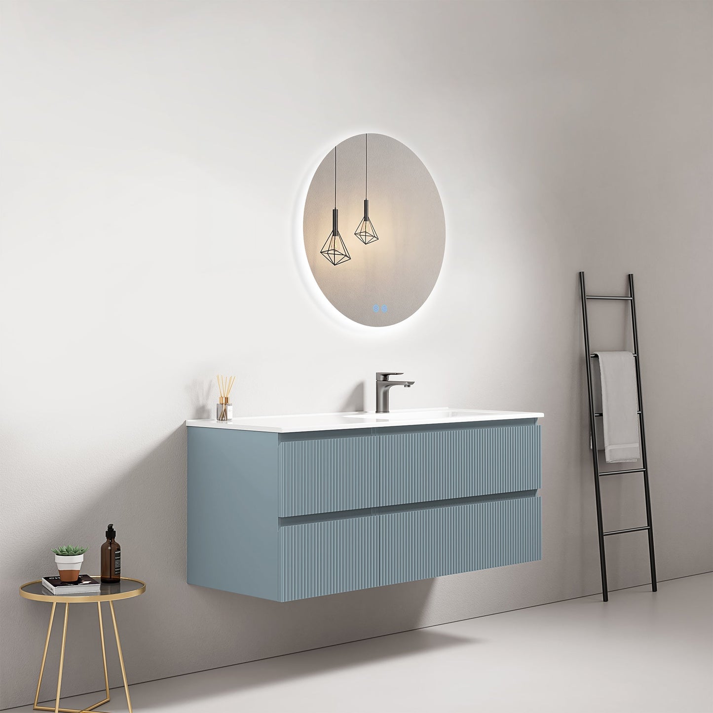 Mobile bagno sospeso cannettato 120 cm Blu Avio Lavabo a Destra in Ceramica Specchio Tondo Retroilluminato - Fiji Paint.