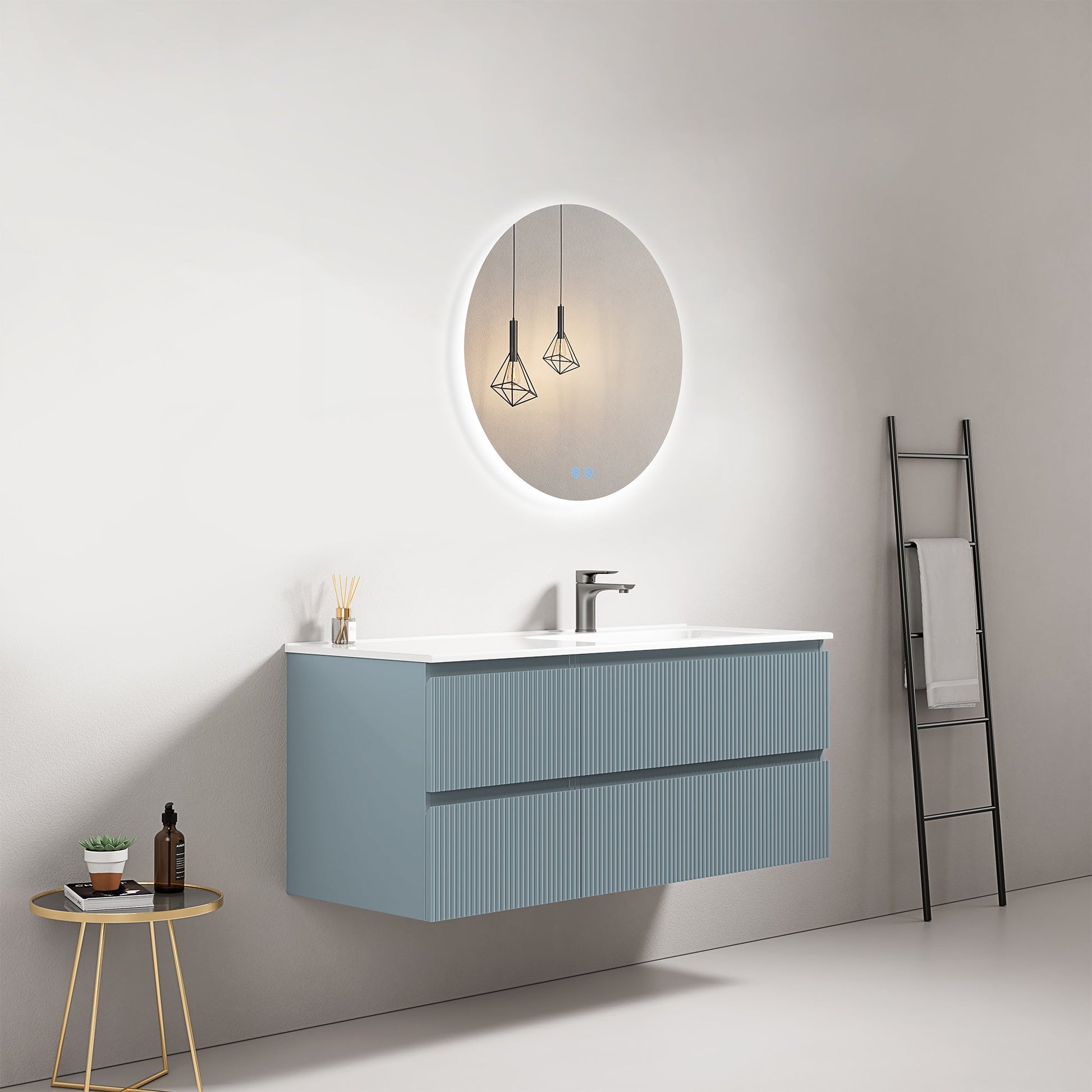 Mobile bagno sospeso cannettato 120 cm Blu Avio Lavabo a Destra in Ceramica Specchio Tondo Retroilluminato - Fiji Paint.