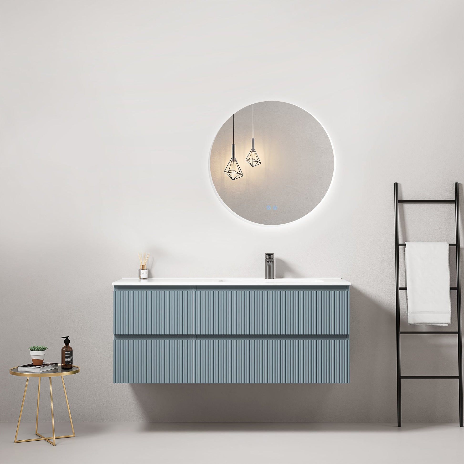 Mobile bagno sospeso cannettato 120 cm Blu Avio Lavabo a Destra in Ceramica Specchio Tondo Retroilluminato - Fiji Paint