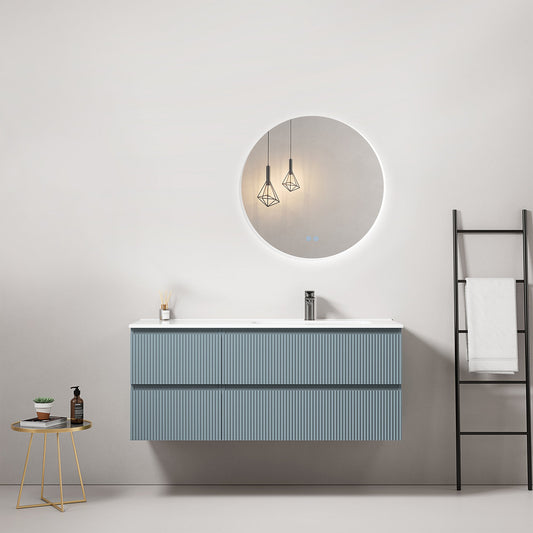 Mobile bagno sospeso cannettato 120 cm Blu Avio Lavabo a Destra in Ceramica Specchio Tondo Retroilluminato - Fiji Paint