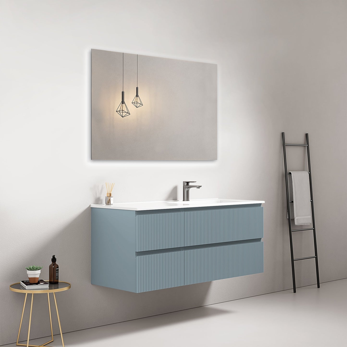 Mobile bagno sospeso cannettato 120 cm Blu Avio Lavabo a Destra in Ceramica Specchio Quadro - Fiji Paint