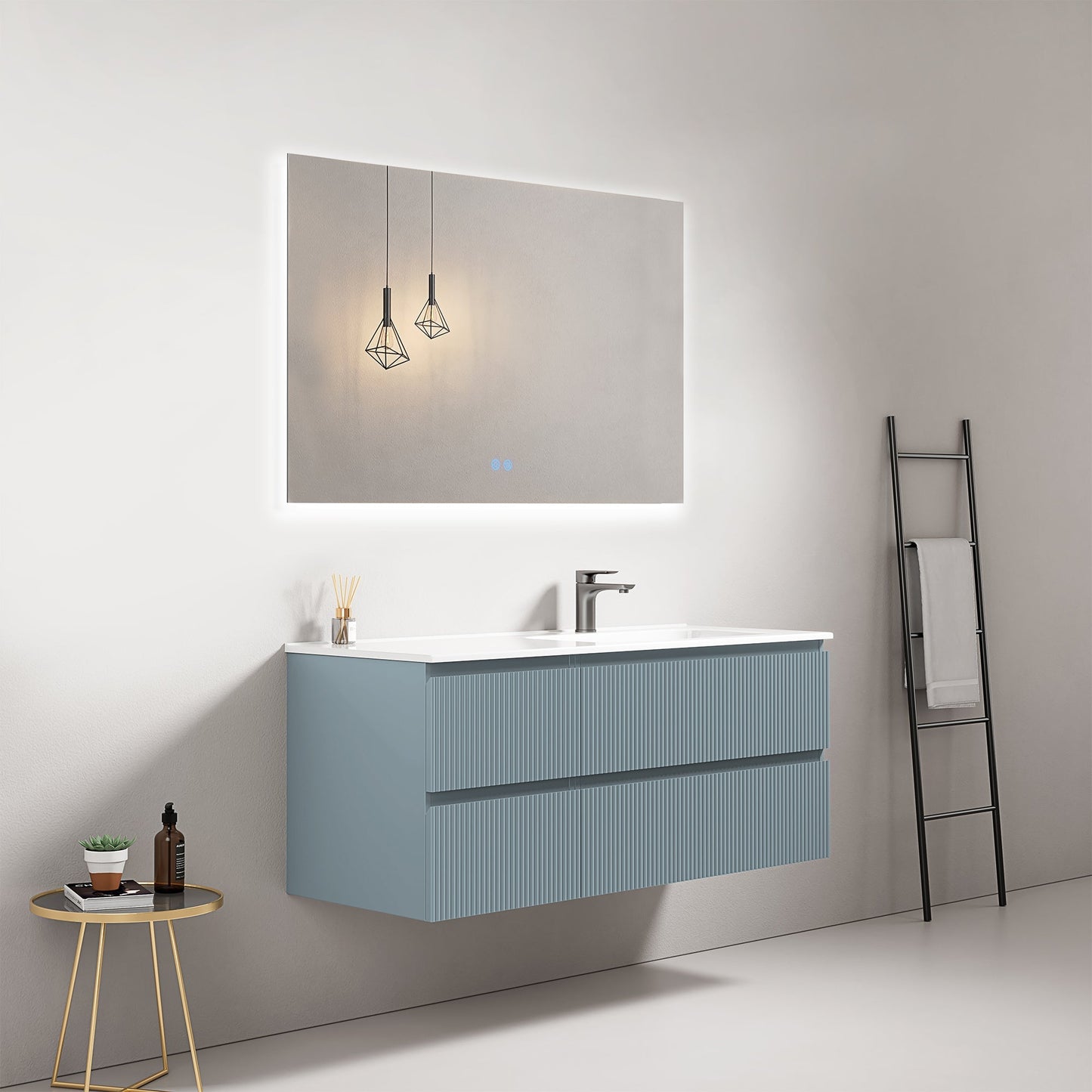 Mobile bagno sospeso cannettato 120 cm Blu Avio Lavabo a Destra in Ceramica Specchio Quadro Retroilluminato - Fiji Paint
