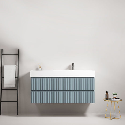 Mobile bagno sospeso cannettato 120 cm Blu Avio Lavabo a Destra in Resina Senza Specchio - Fiji Paint