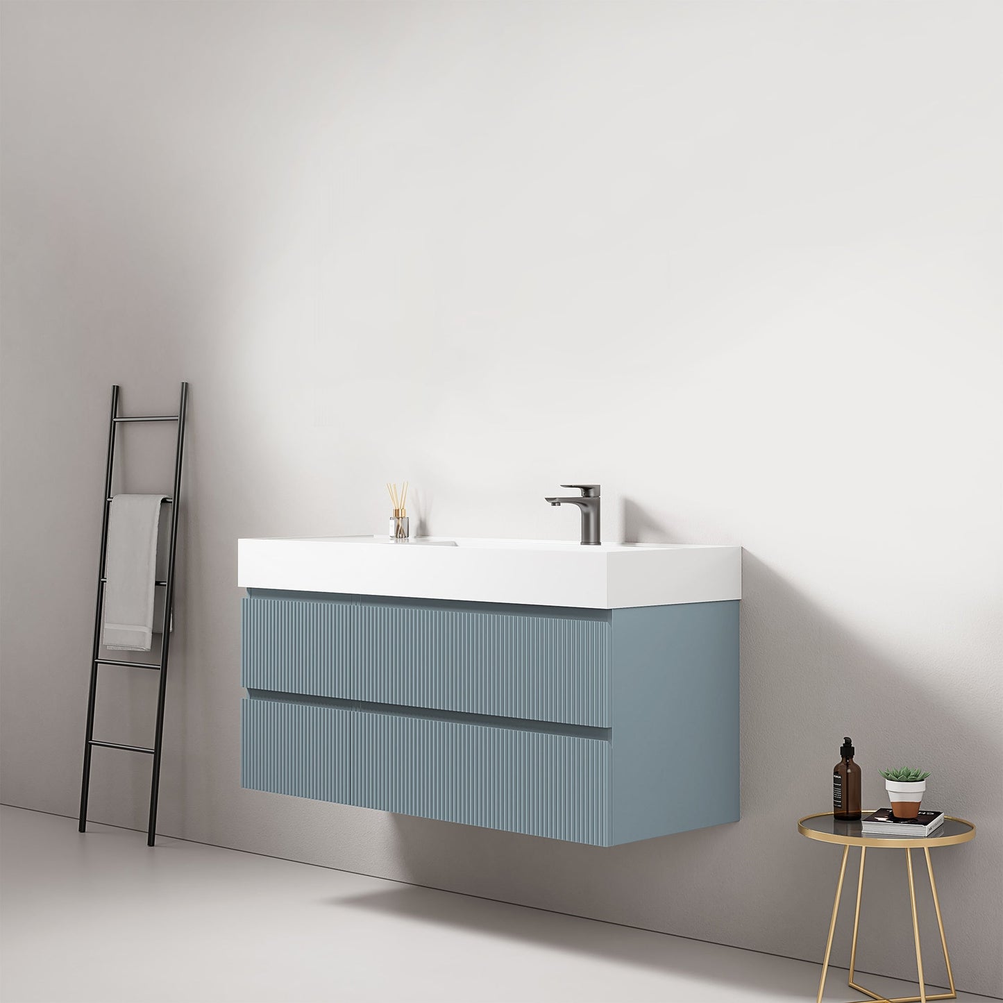 Mobile bagno sospeso cannettato 120 cm Blu Avio Lavabo a Destra in Resina Senza Specchio - Fiji Paint