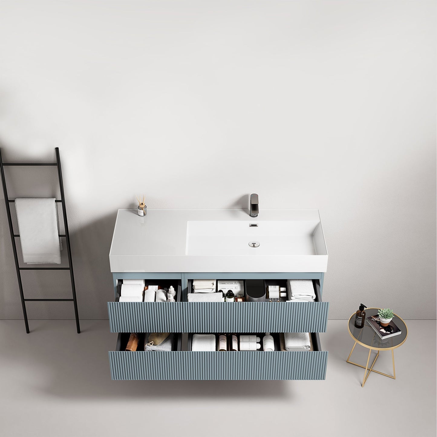 Mobile bagno sospeso cannettato 120 cm Blu Avio Lavabo a Destra in Resina Senza Specchio - Fiji Paint