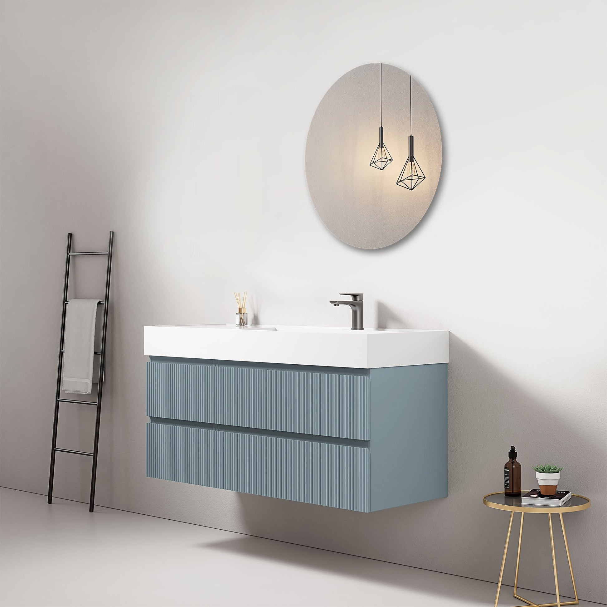 Mobile bagno sospeso cannettato 120 cm Blu Avio Lavabo a Destra in Resina Specchio Tondo - Fiji Paint