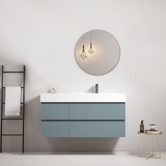 Mobile bagno sospeso cannettato 120 cm Blu Avio Lavabo a Destra in Resina Specchio Tondo - Fiji Paint.