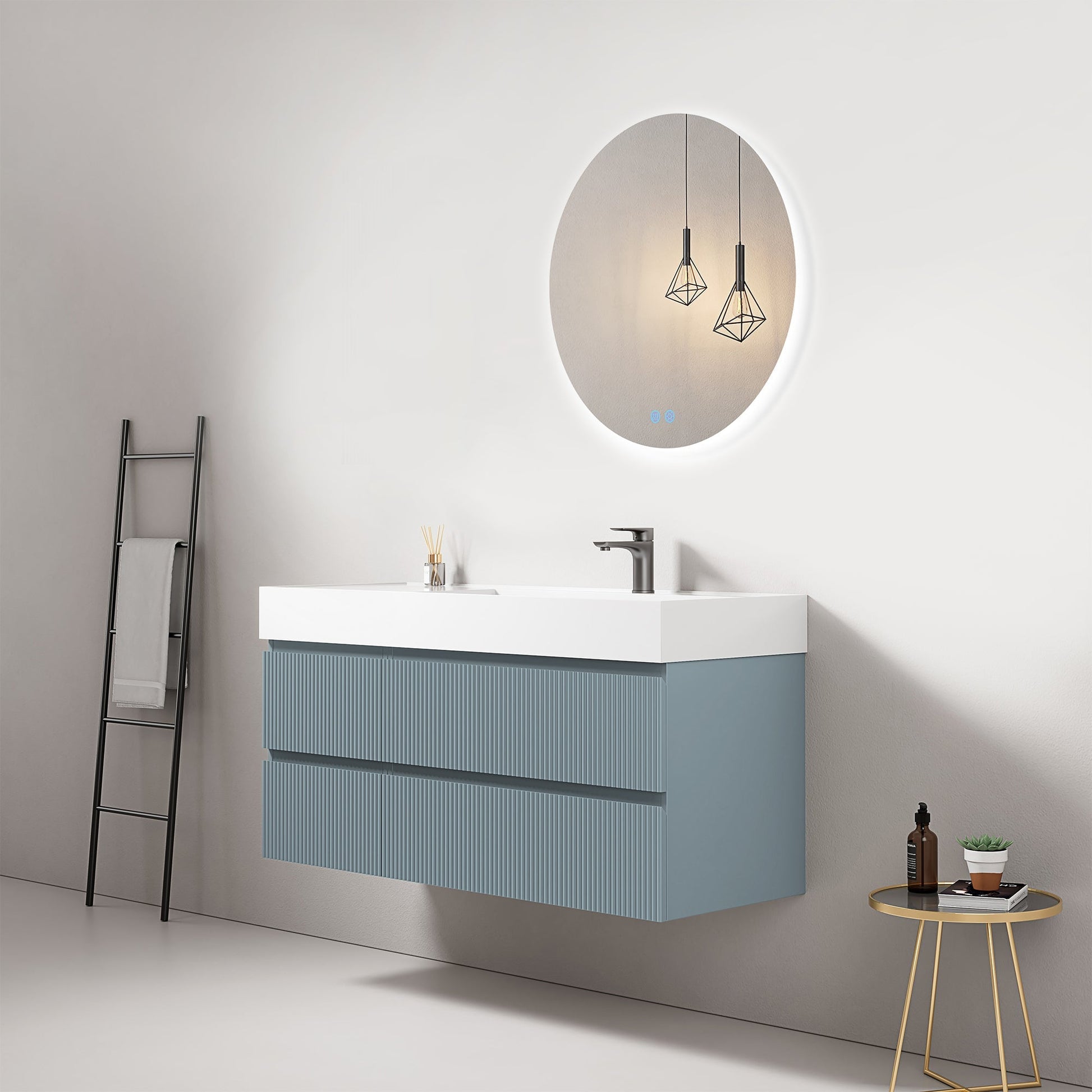 Mobile bagno sospeso cannettato 120 cm Blu Avio Lavabo a Destra in Resina Specchio Tondo Retroilluminato - Fiji Paint