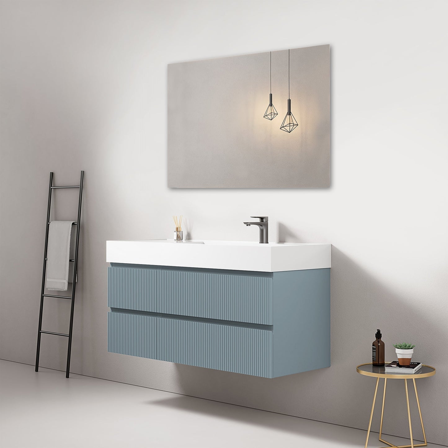 Mobile bagno sospeso cannettato 120 cm Blu Avio Lavabo a Destra in Resina Specchio Quadro - Fiji Paint