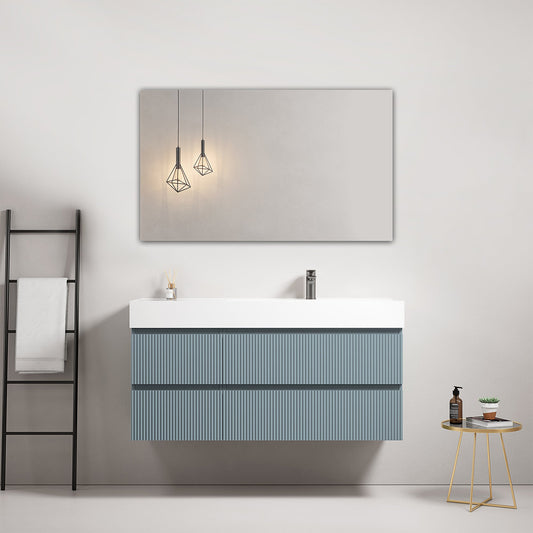 Mobile bagno sospeso cannettato 120 cm Blu Avio Lavabo a Destra in Resina Specchio Quadro - Fiji Paint