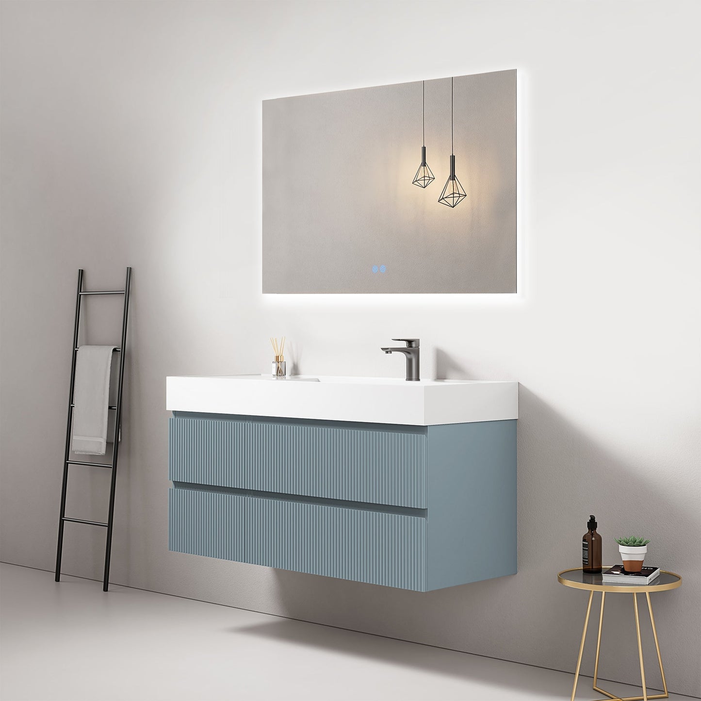 Mobile bagno sospeso cannettato 120 cm Blu Avio Lavabo a Destra in Resina Specchio Quadro Retroilluminato - Fiji Paint