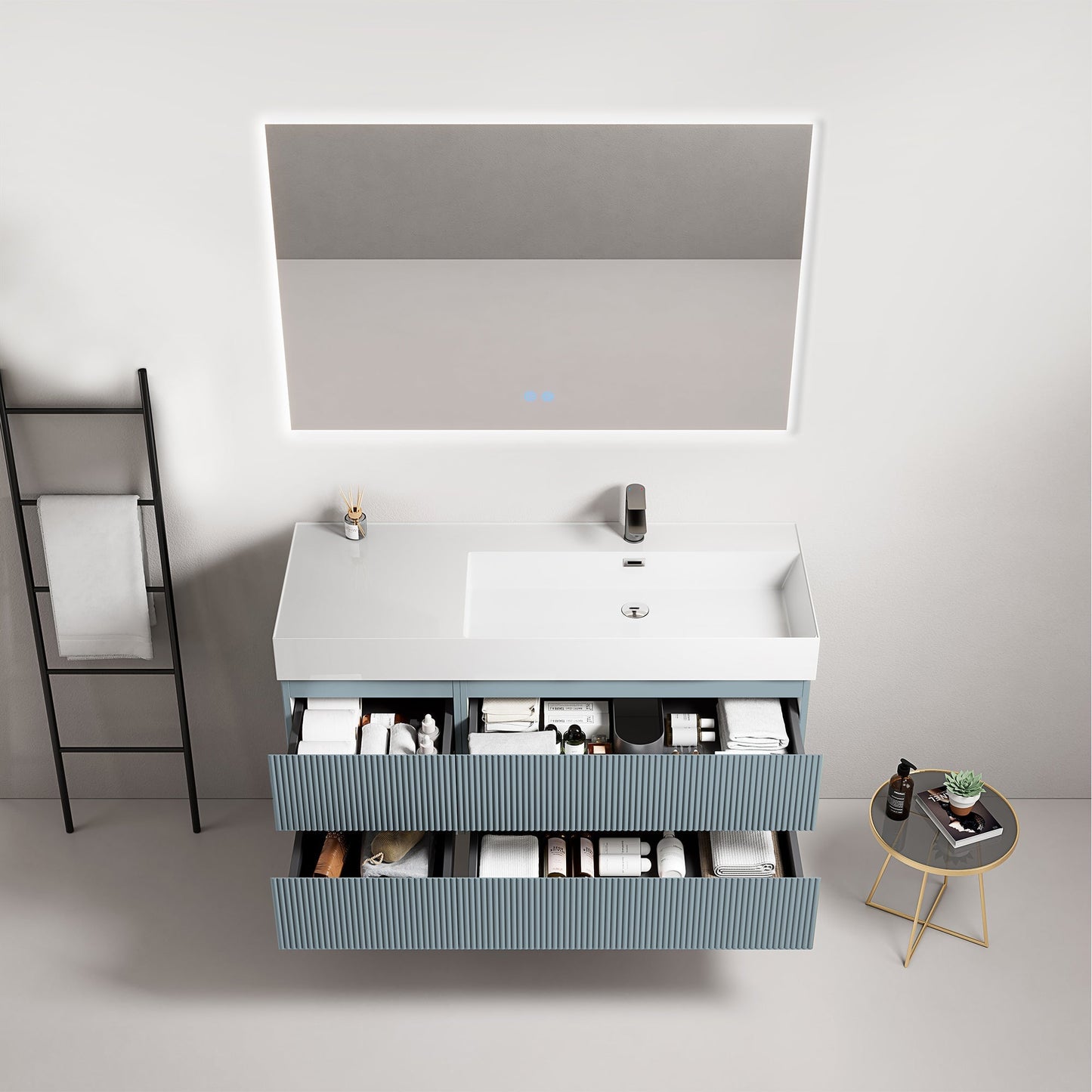 Mobile bagno sospeso cannettato 120 cm Blu Avio Lavabo a Destra in Resina Specchio Quadro Retroilluminato - Fiji Paint