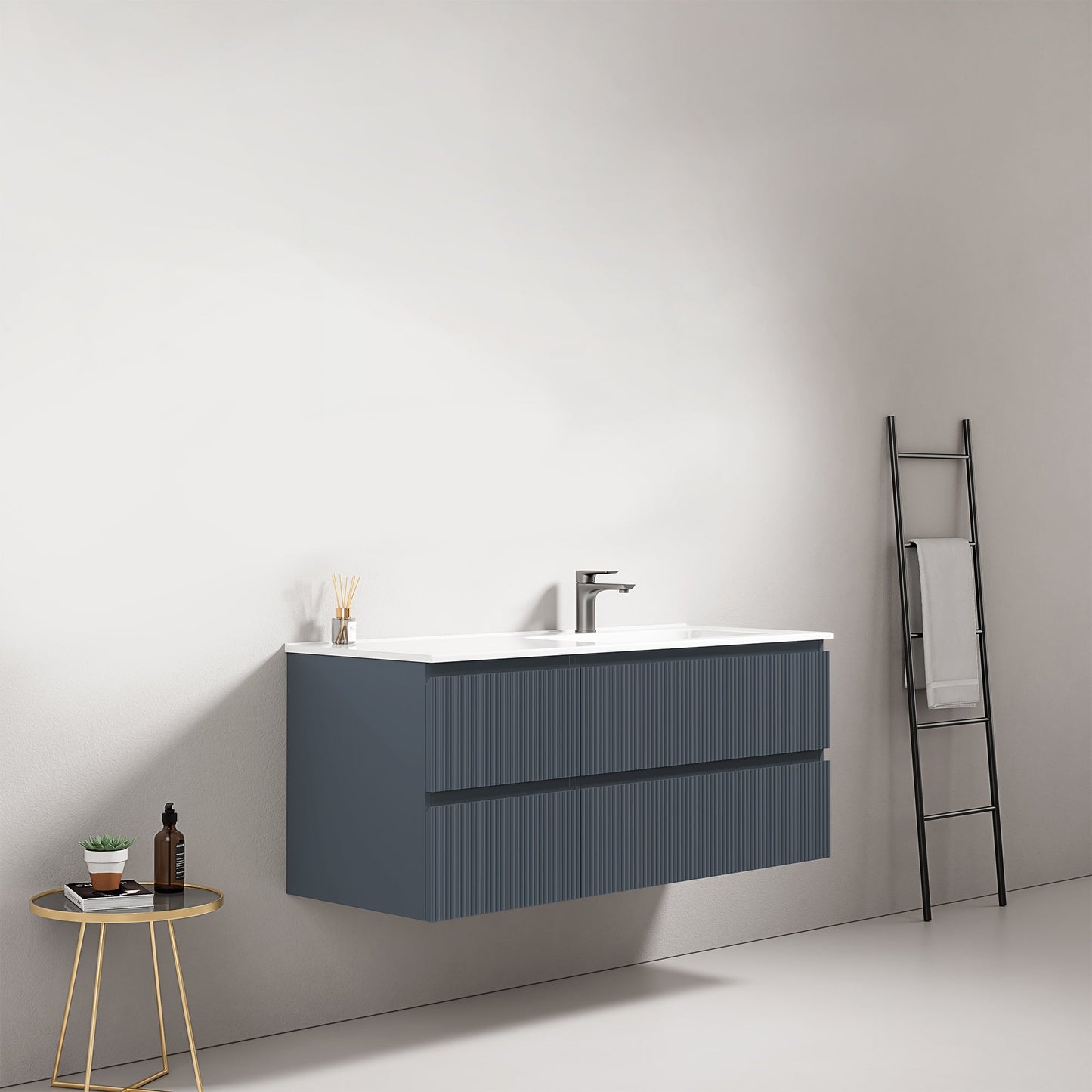 Mobile bagno sospeso cannettato 120 cm Blu Mare Lavabo a Destra in Ceramica Senza Specchio - Fiji Paint