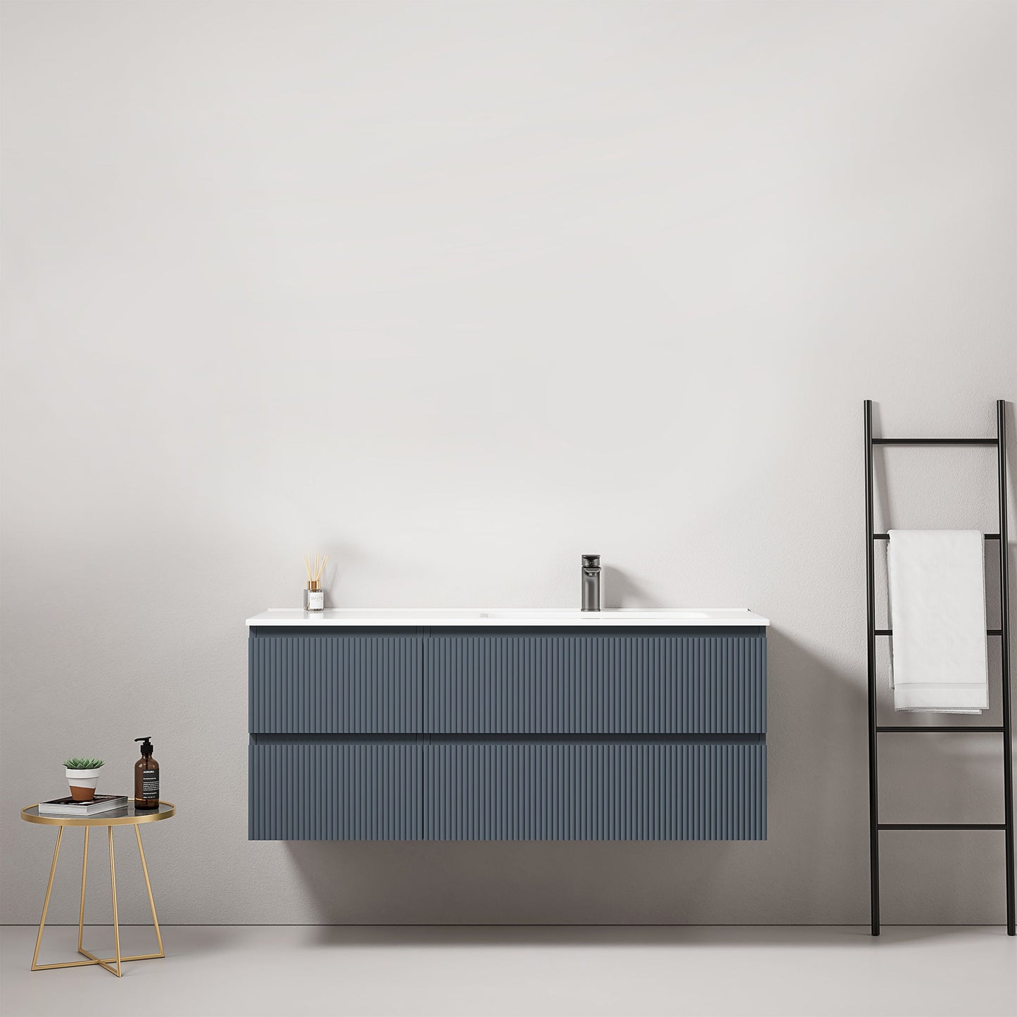 Mobile bagno sospeso cannettato 120 cm Blu Mare Lavabo a Destra in Ceramica Senza Specchio - Fiji Paint