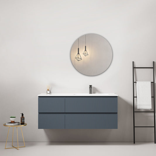 Mobile bagno sospeso cannettato 120 cm Blu Mare Lavabo a Destra in Ceramica Specchio Tondo - Fiji Paint