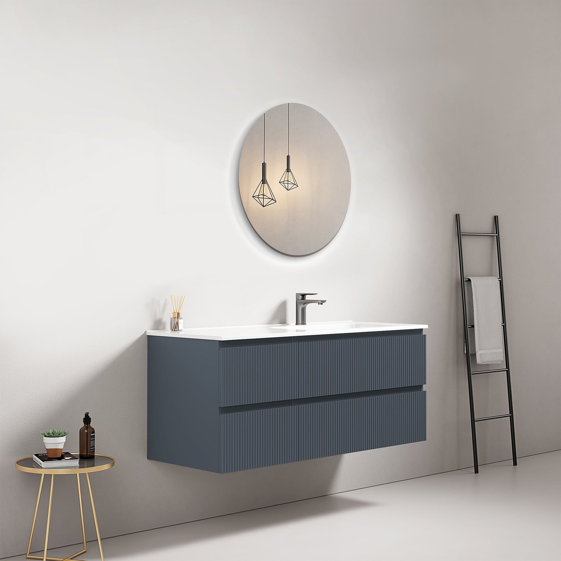 Mobile bagno sospeso cannettato 120 cm Blu Mare Lavabo a Destra in Ceramica Specchio Tondo - Fiji Paint