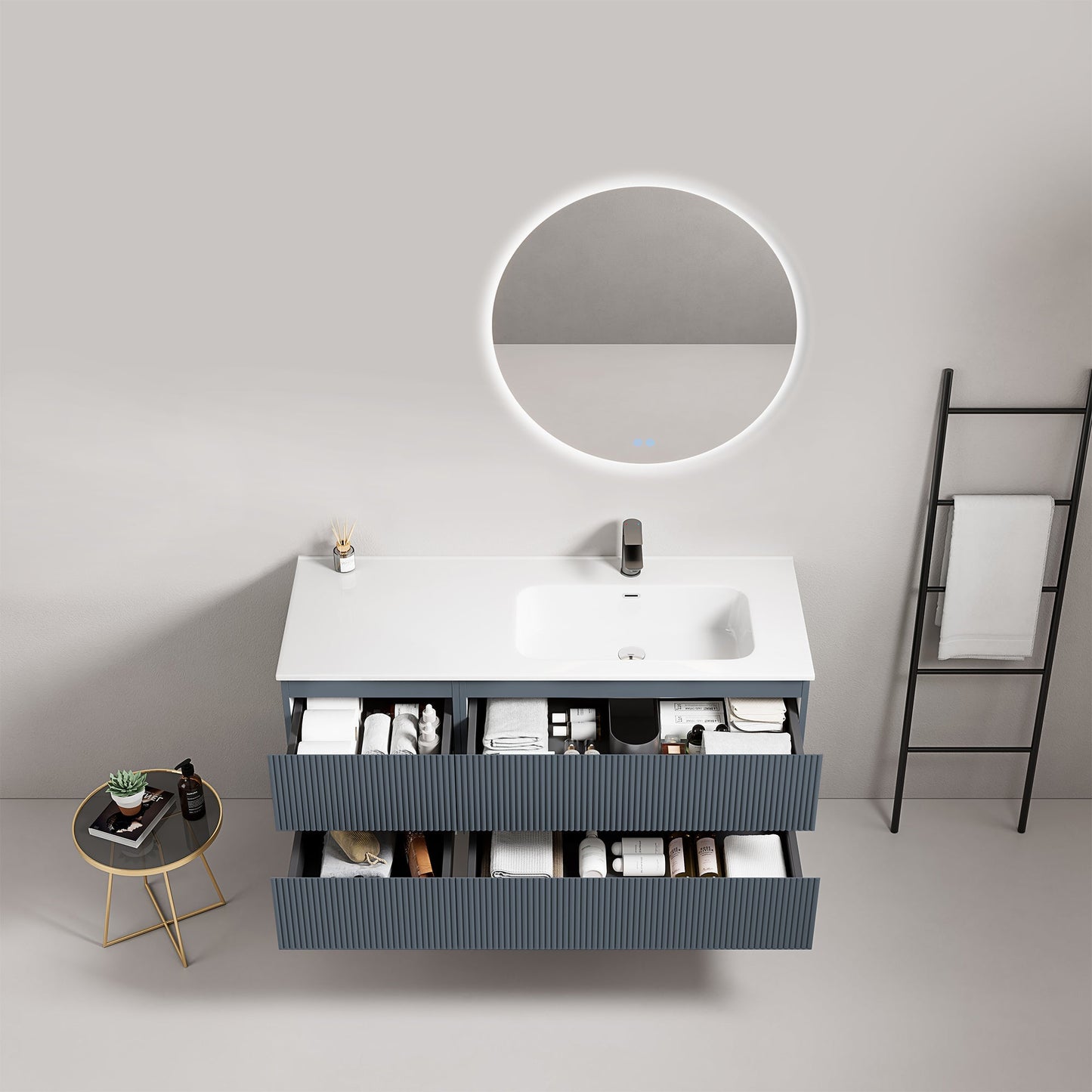 Mobile bagno sospeso cannettato 120 cm Blu Mare Lavabo a Destra in Ceramica Specchio Tondo Retroilluminato - Fiji Paint