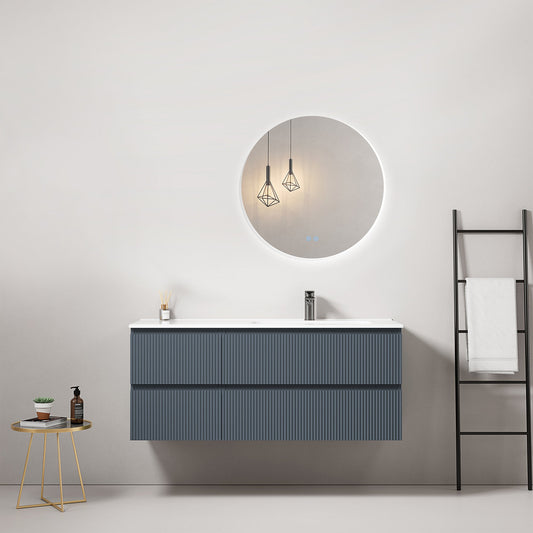 Mobile bagno sospeso cannettato 120 cm Blu Mare Lavabo a Destra in Ceramica Specchio Tondo Retroilluminato - Fiji Paint.