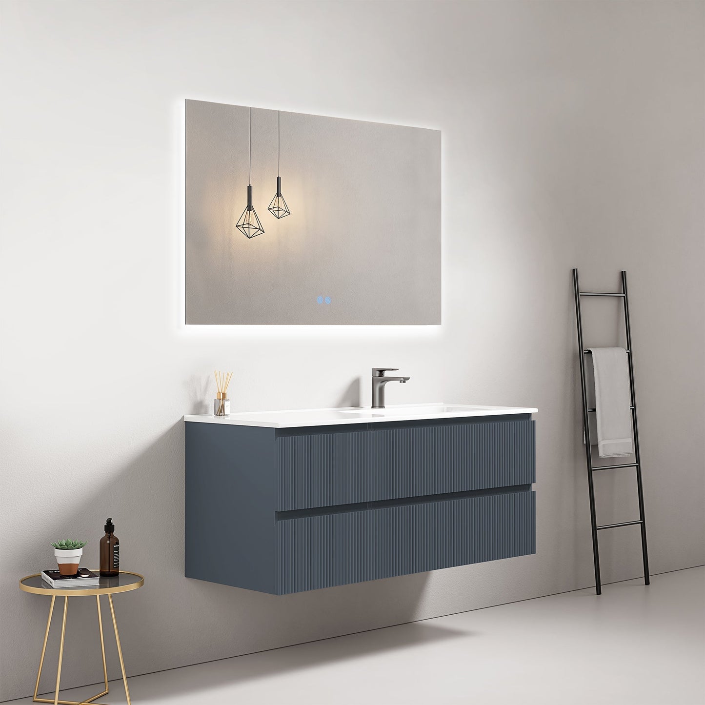 Mobile bagno sospeso cannettato 120 cm Blu Mare Lavabo a Destra in Ceramica Specchio Quadro Retroilluminato - Fiji Paint