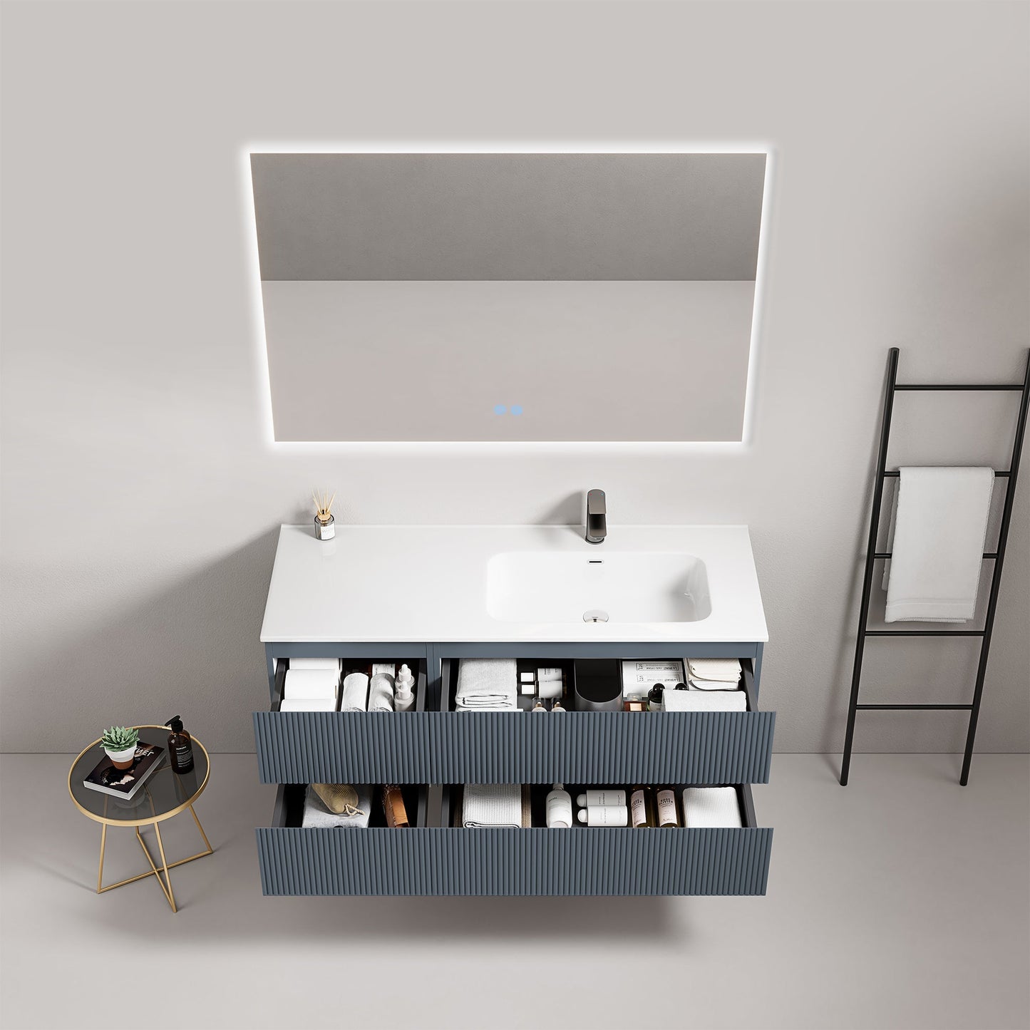 Mobile bagno sospeso cannettato 120 cm Blu Mare Lavabo a Destra in Ceramica Specchio Quadro Retroilluminato - Fiji Paint