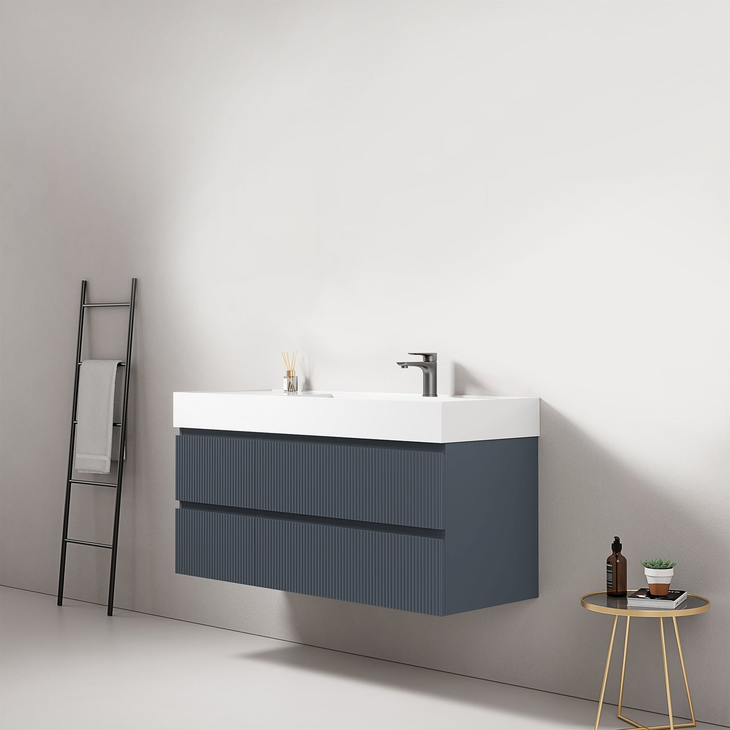 Mobile bagno sospeso cannettato 120 cm Blu Mare Lavabo a Destra in Resina Senza Specchio - Fiji Paint
