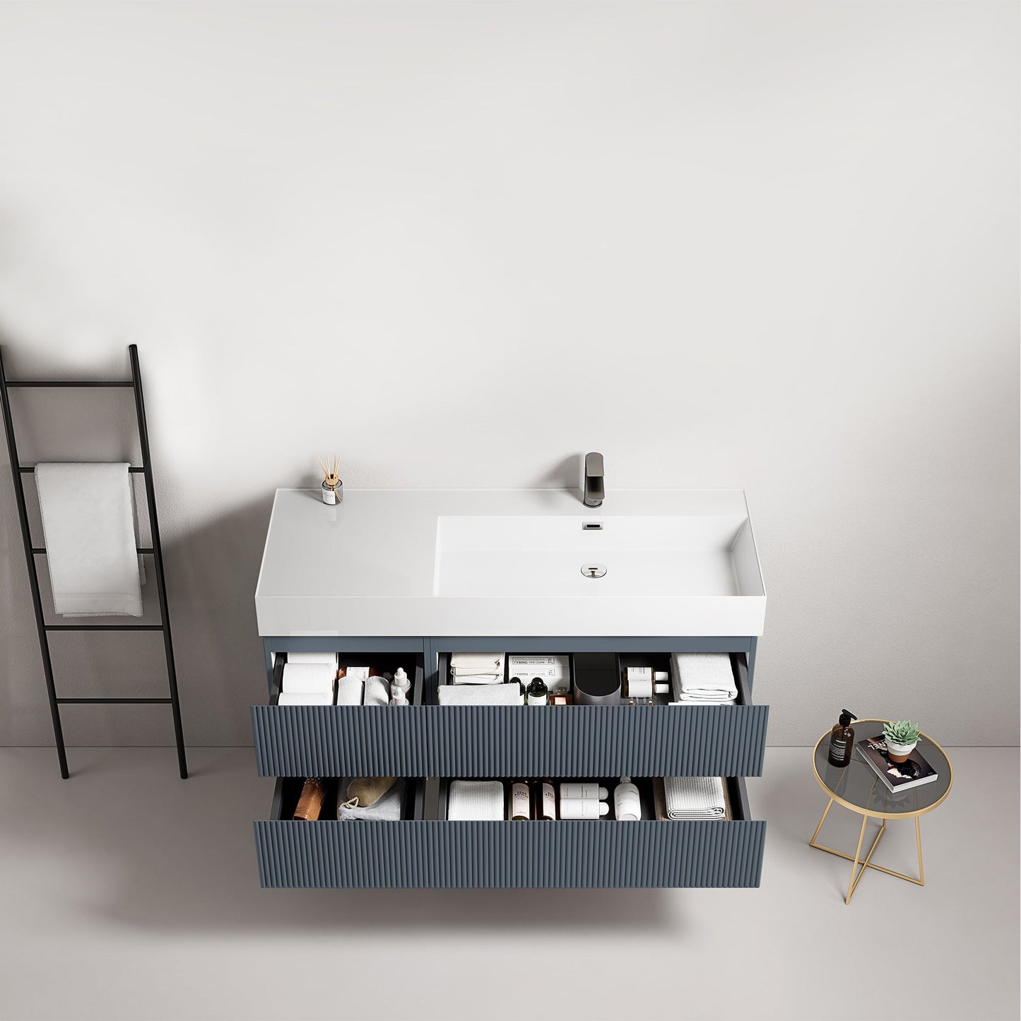 Mobile bagno sospeso cannettato 120 cm Blu Mare Lavabo a Destra in Resina Senza Specchio - Fiji Paint