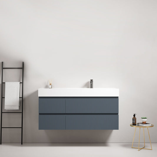 Mobile bagno sospeso cannettato 120 cm Blu Mare Lavabo a Destra in Resina Senza Specchio - Fiji Paint