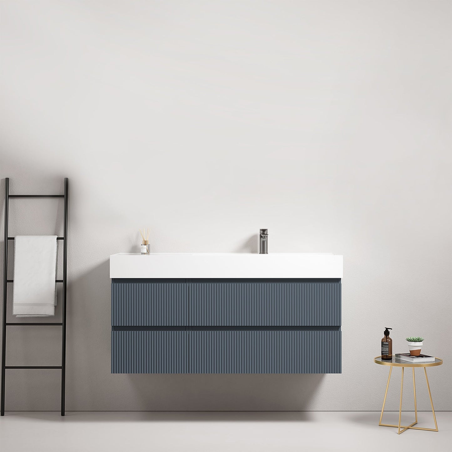 Mobile bagno sospeso cannettato 120 cm Blu Mare Lavabo a Destra in Resina Senza Specchio - Fiji Paint